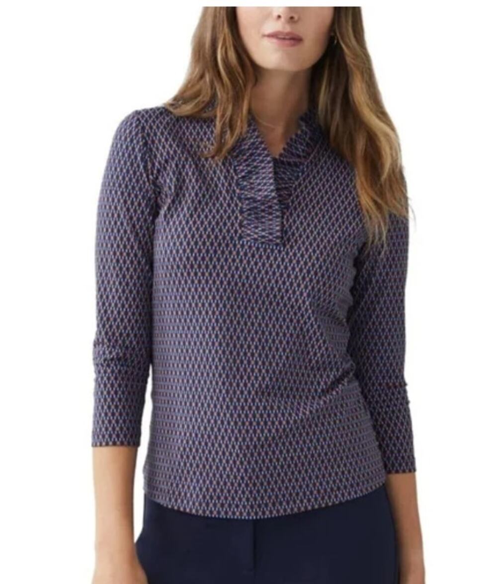 J McLaughlin Durham Ruffle Top Navy Blue Brown Geo Print XS Preppy 3/4 Sleeve